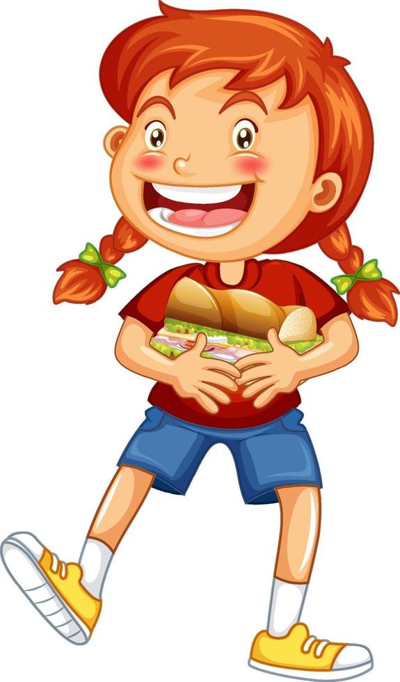 personagem de desenho animado de garota feliz abraçando sanduíche de comida vetor