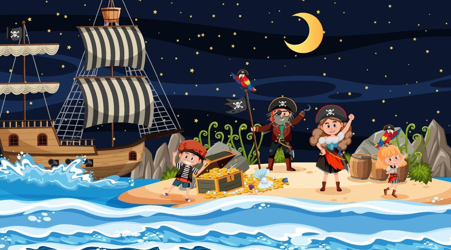 cena da ilha do tesouro à noite com crianças piratas vetor