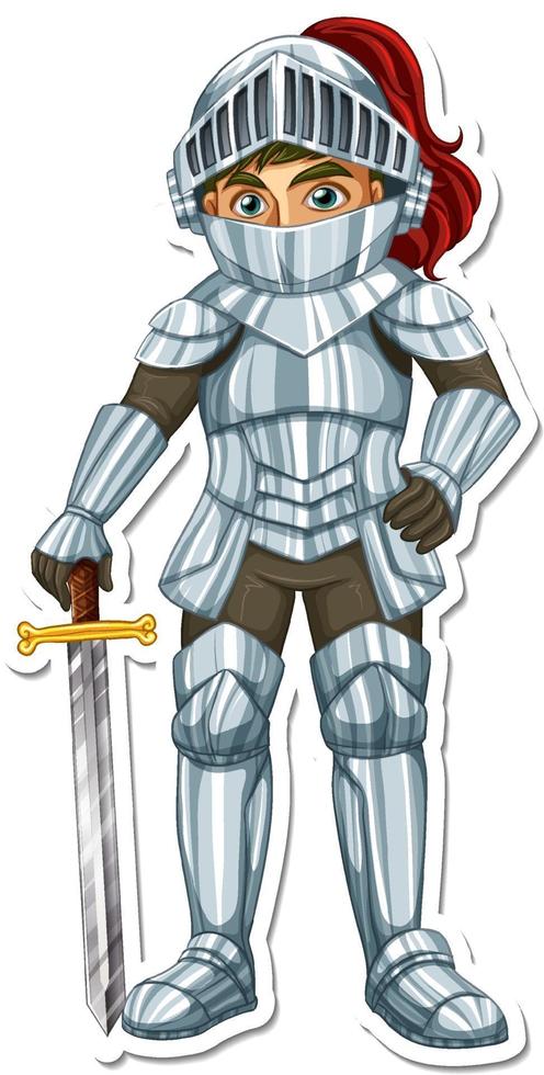 Um cavaleiro de armadura segurando uma espada com um adesivo de personagem de desenho animado vetor