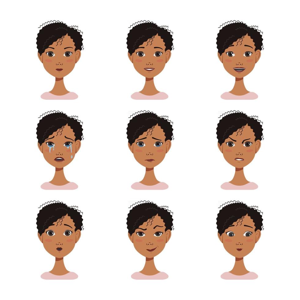 Avatares de expressões faciais de uma mulher afro-americana com cabelo escuro vetor