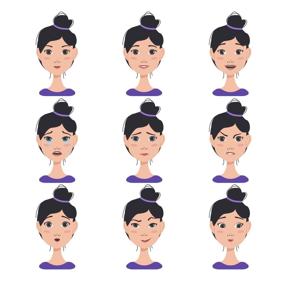 conjunto de expressões faciais de uma mulher asiática vetor