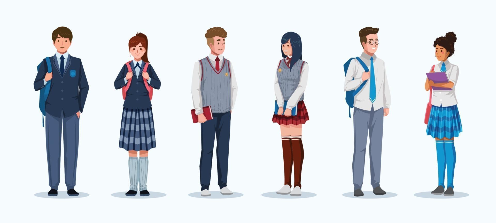 conceito de personagem de alunos do ensino médio com coleção de uniformes vetor