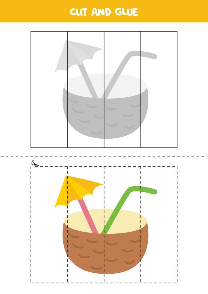 Corte e cole o jogo para crianças. coquetel de coco dos desenhos animados. vetor