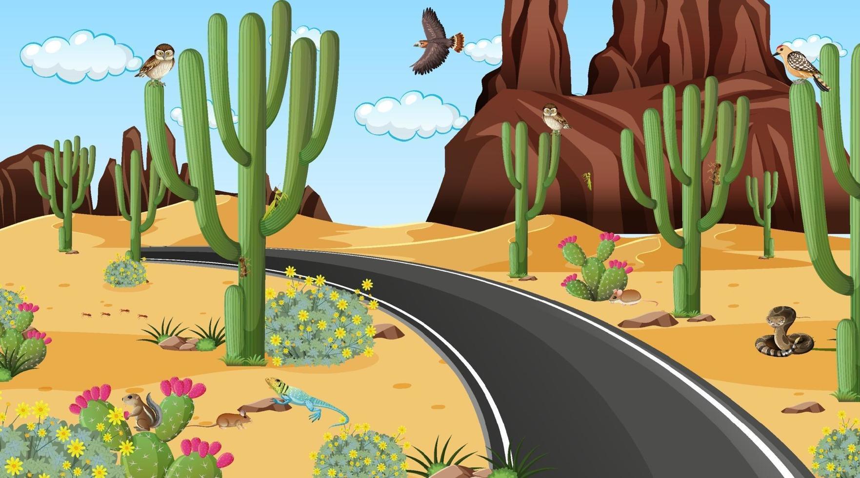 estrada através da cena da paisagem da floresta do deserto com animais do deserto vetor