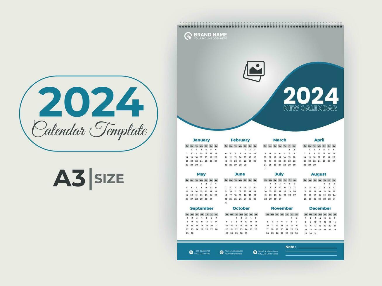 2024 Novo ano parede calendário modelo vetor