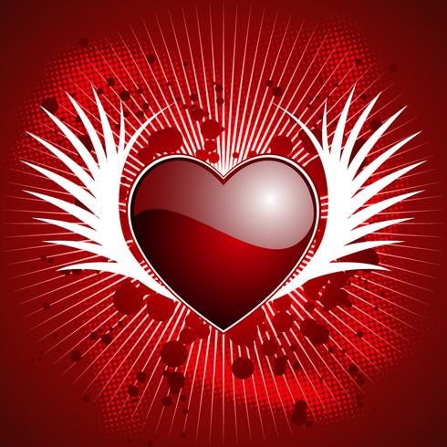 Ilustração do dia de Valentim com coração e as asas lustrosos no fundo vermelho. vetor