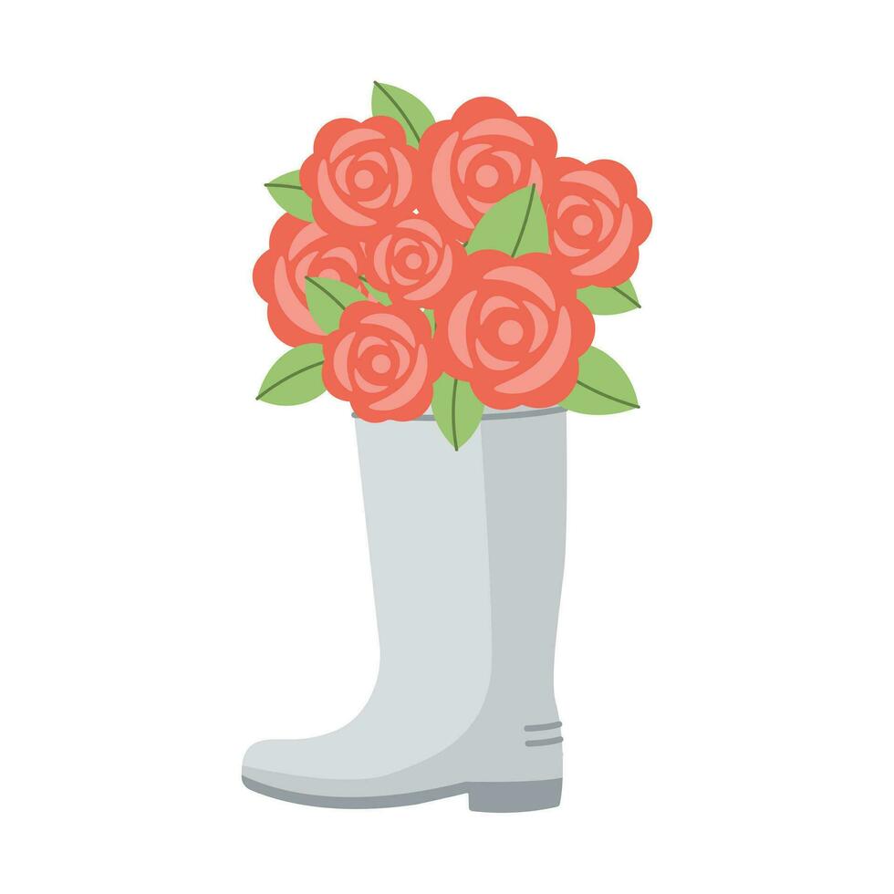 borracha bota com mão desenhado vermelho rosas flores vetor ilustração. simples plano estilo.
