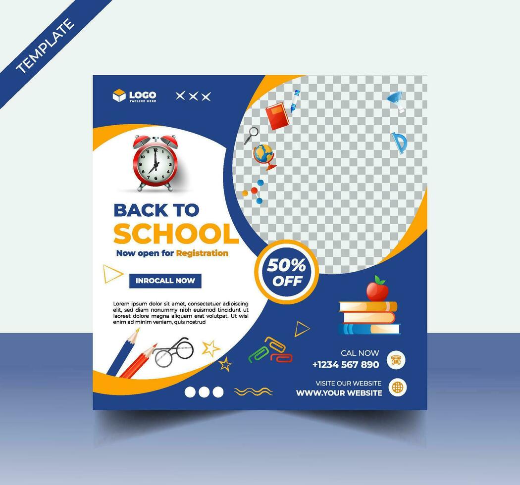 banner de postagem de mídia social de admissão escolar, panfleto quadrado de postagem de mídia social educacional de volta ao modelo de design de banner da web da escola vetor