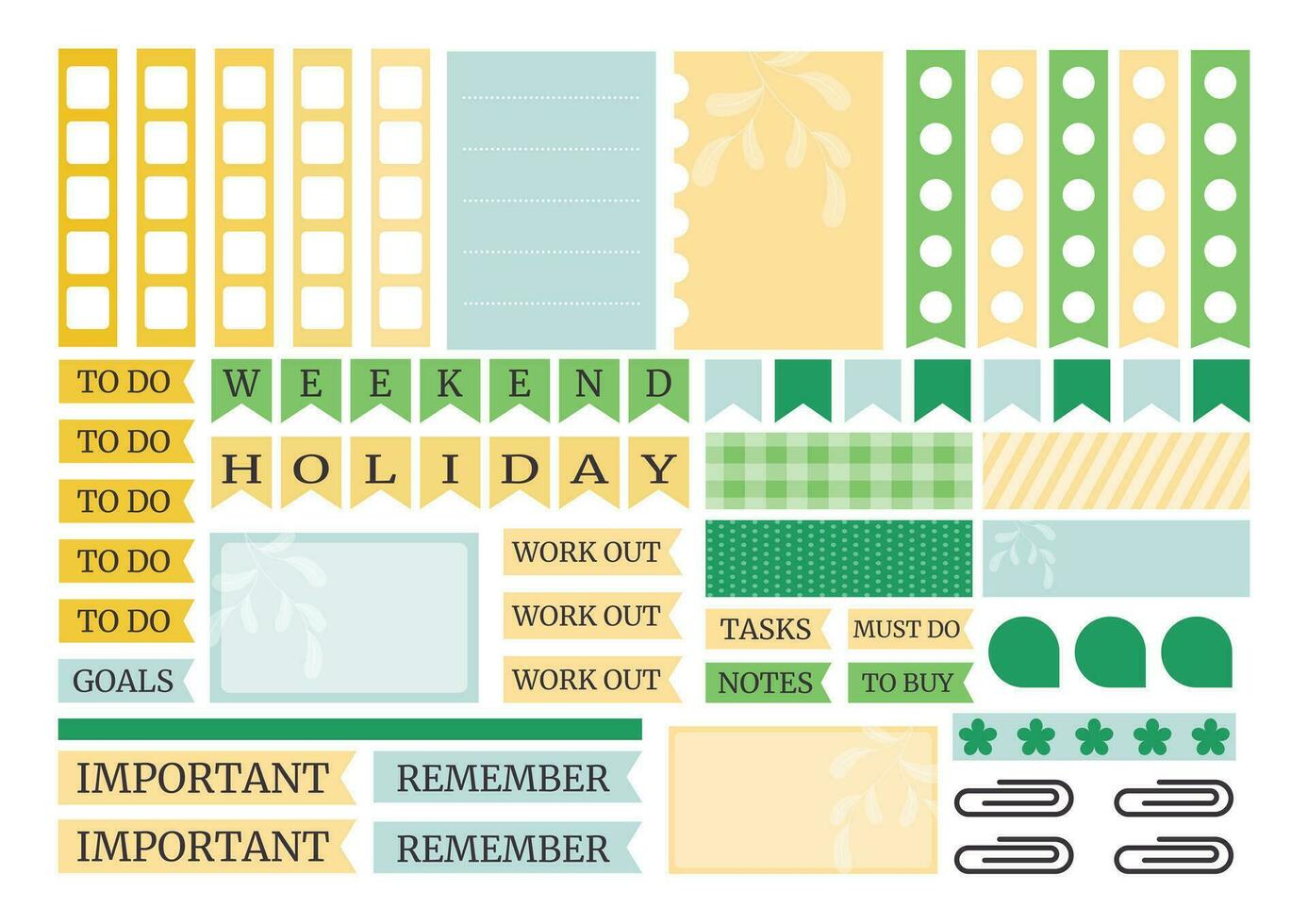 suave verde e amarelo colorida semanal planejador adesivos conjunto para agenda, caderno, diário. a5 formatar. vetor