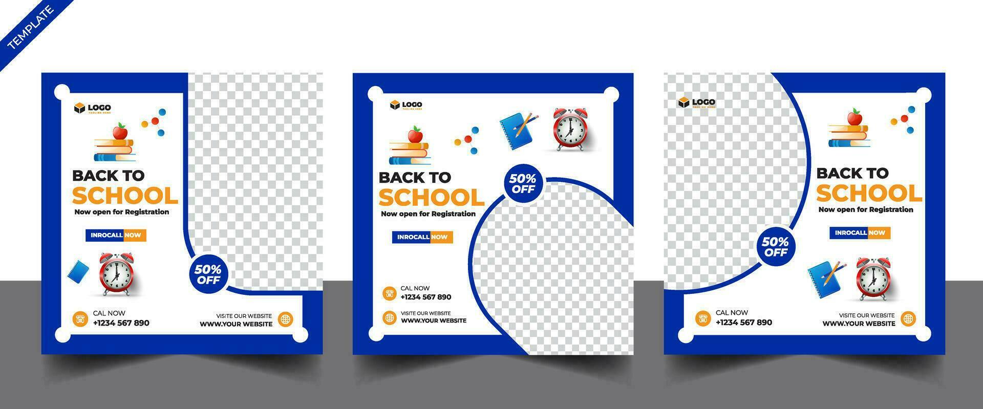 banner de postagem de mídia social de admissão escolar, panfleto quadrado de postagem de mídia social educacional de volta ao modelo de design de banner da web da escola vetor