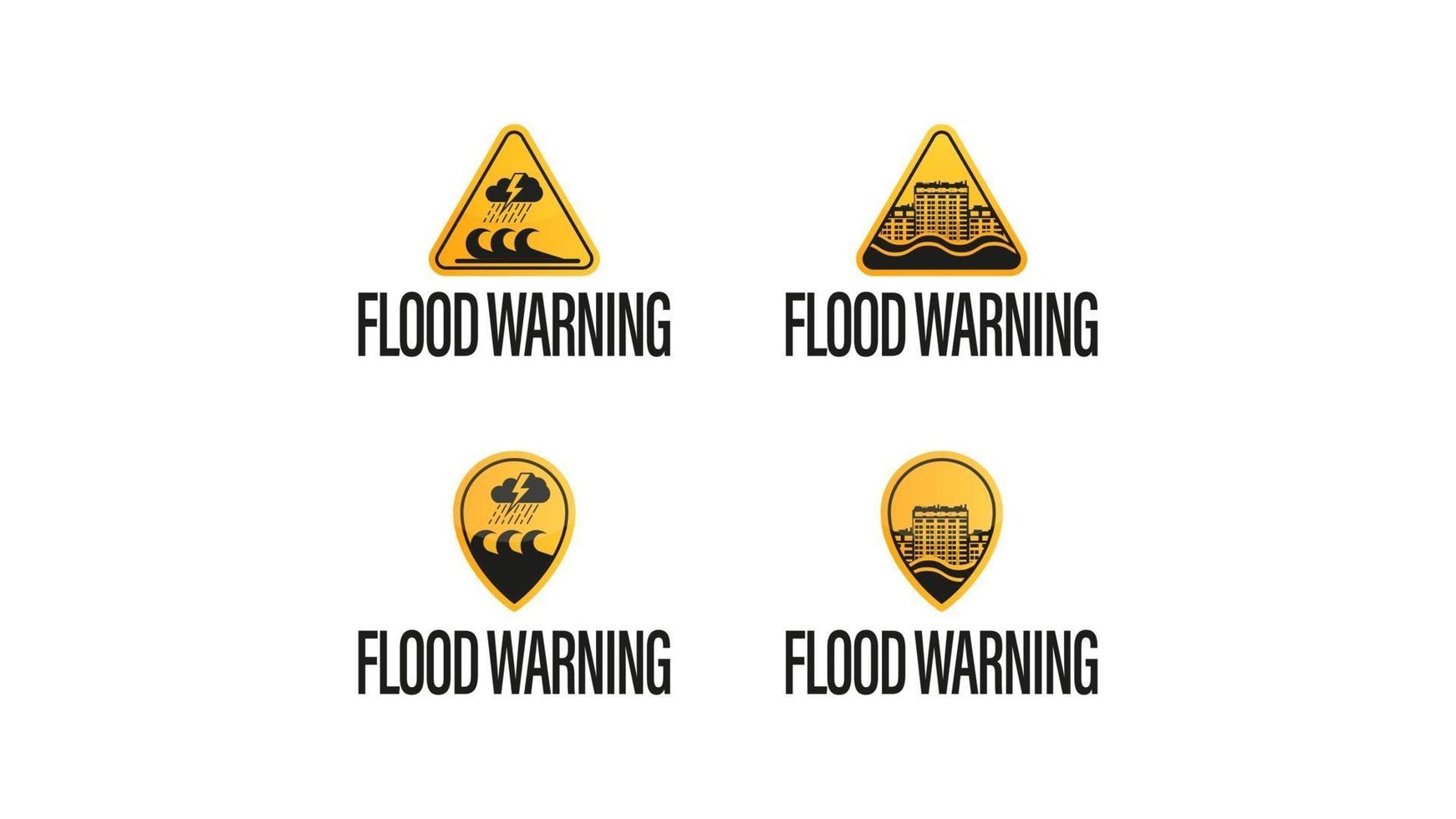 aviso de inundação, amarelo - símbolos de avisos pretos isolados no branco vetor