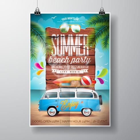 Design de panfleto de festa de praia verão com van de viagem e prancha de surf vetor