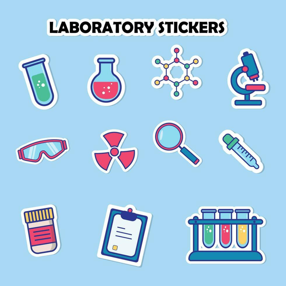 laboratório elementos adesivo conjunto coleção vetor ilustração. plano desenho animado estilo Projeto. científico elementos. Ciência laboratório objetos adesivos conceito