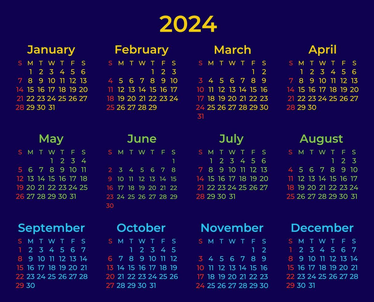 2024 calendário com simples e moderno Projeto colorida vetor