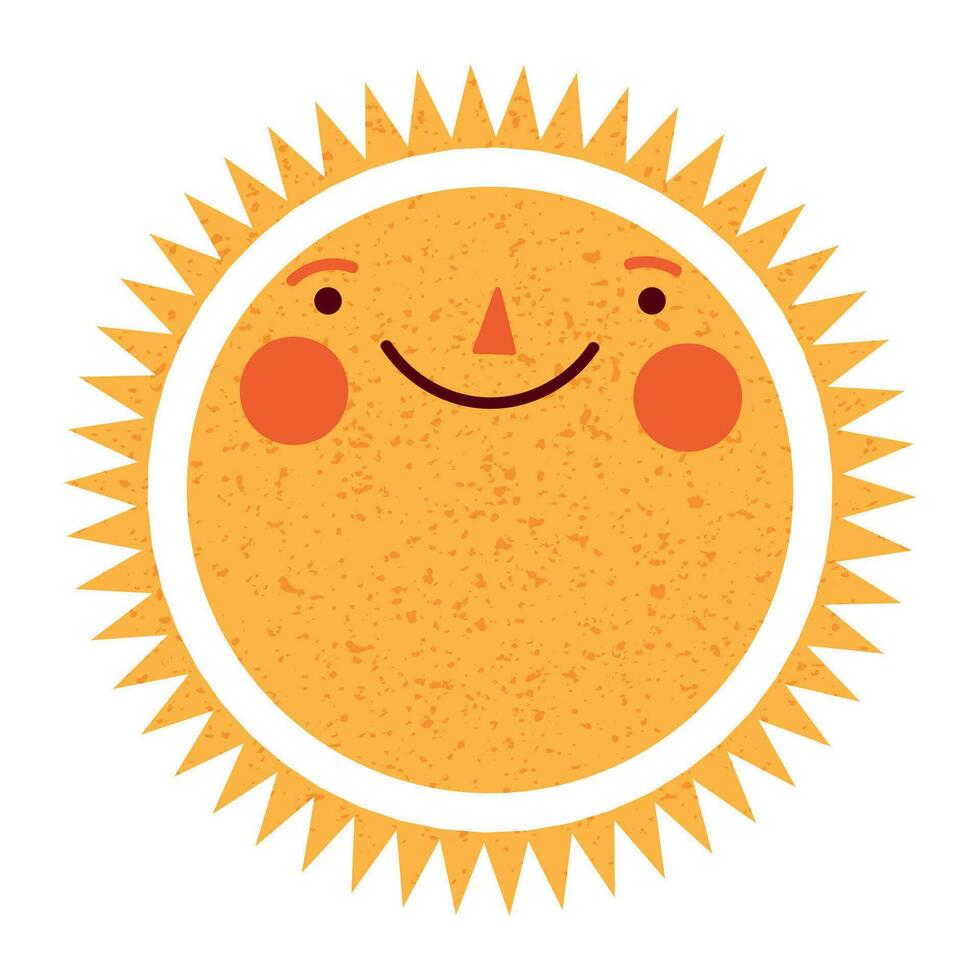 Sol personagem dentro fofa estilo, face com uma adesivo. brilho do sol com uma sorrir para crianças, rabiscado dentro uma feliz e Diversão caminho. plano vetor ilustrações isolado dentro fundo.