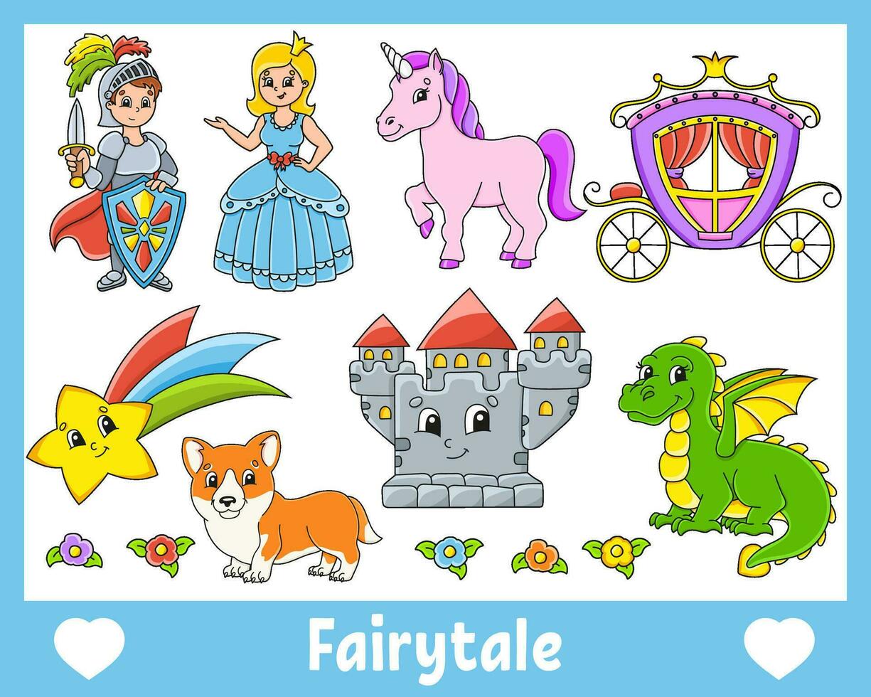 conjunto de adesivos com personagens de desenhos animados fofos. clipart de fantasia. desenhado à mão. pacote colorido. ilustração vetorial. coleção de emblemas de patch para crianças. para planejador diário, organizador, diário. vetor