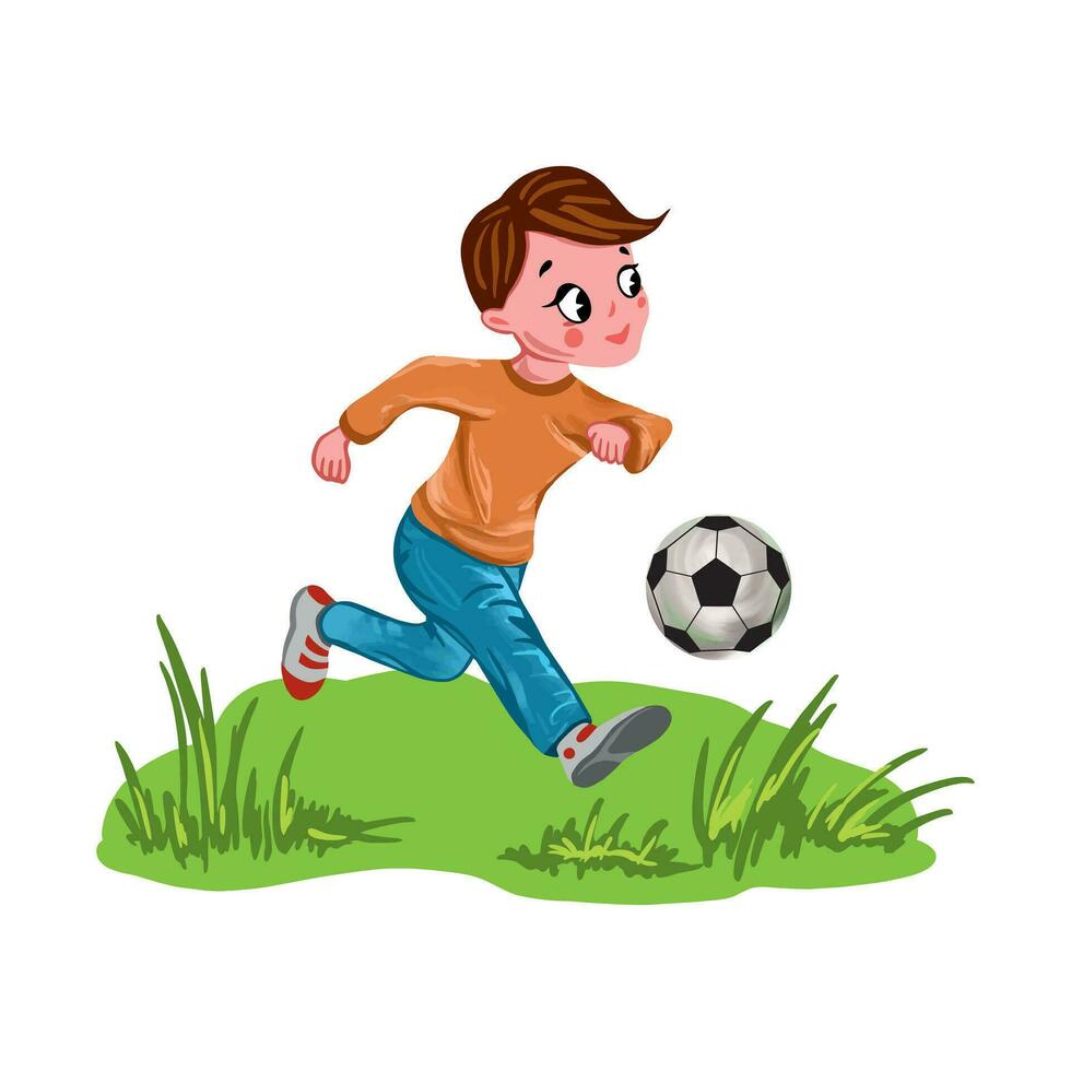 uma Garoto tocam com uma bola em uma verde grama. vetor ilustração em uma crianças tema. Projeto elemento para cumprimento cartões, convites, temático bandeiras, livro ilustrações.