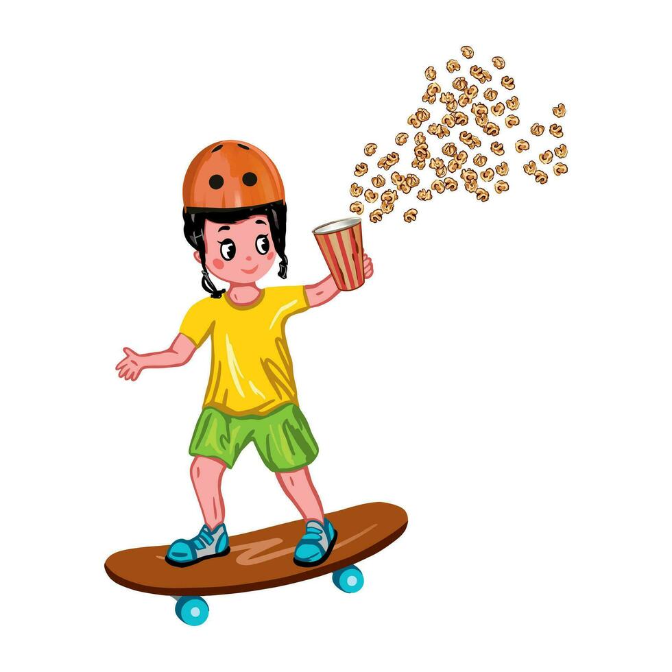 uma Garoto em uma skate com uma balde do Pipoca dentro dele mãos. vetor ilustração em uma crianças tema. Projeto elemento para cumprimento cartões, convites, cartazes, bandeiras, livro ilustrações.