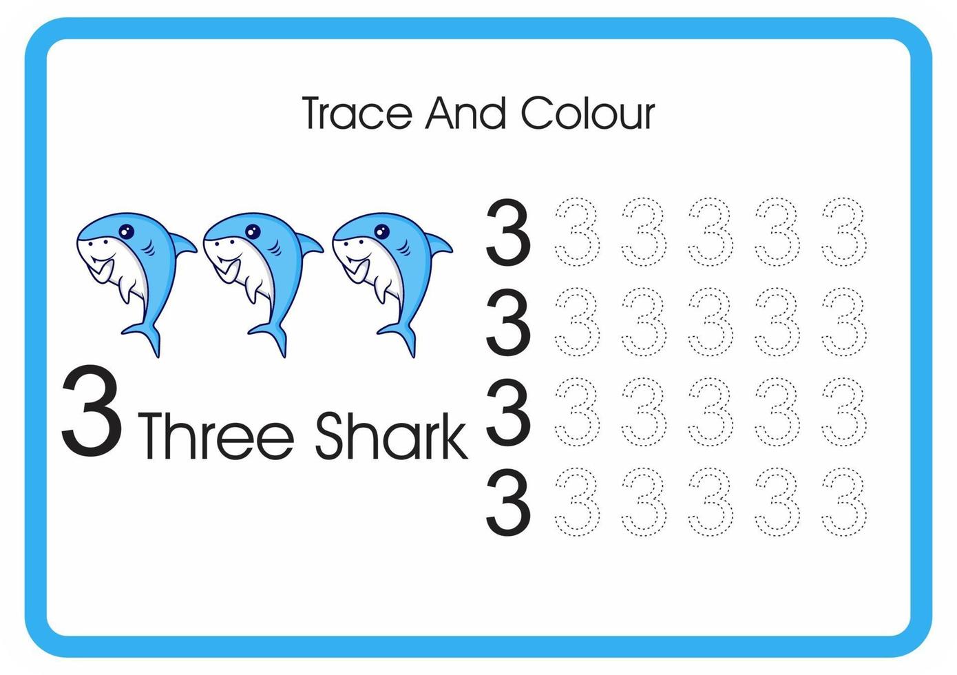 contagem de traços e tubarões coloridos número 3 vetor