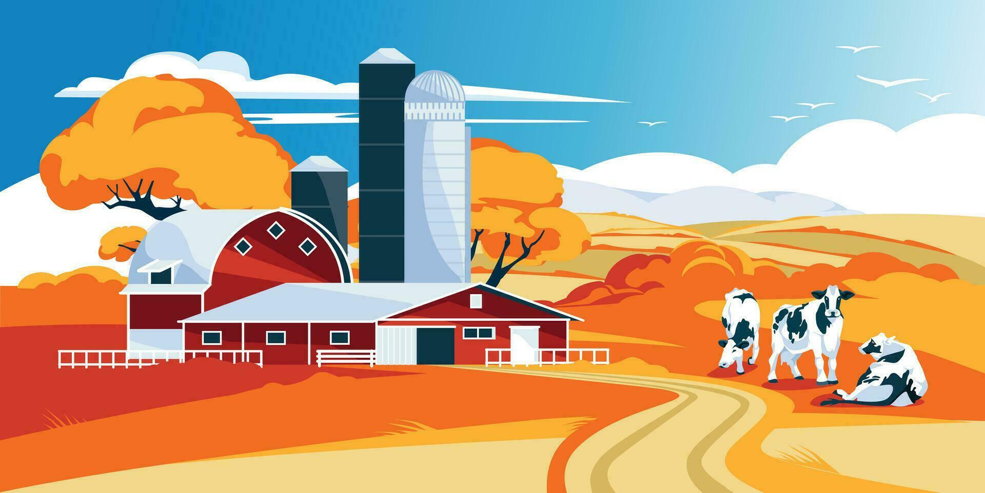 outono Fazenda entre laranja colinas. agricultura e agricultura. animais de estimação. vacas vetor plano ilustração