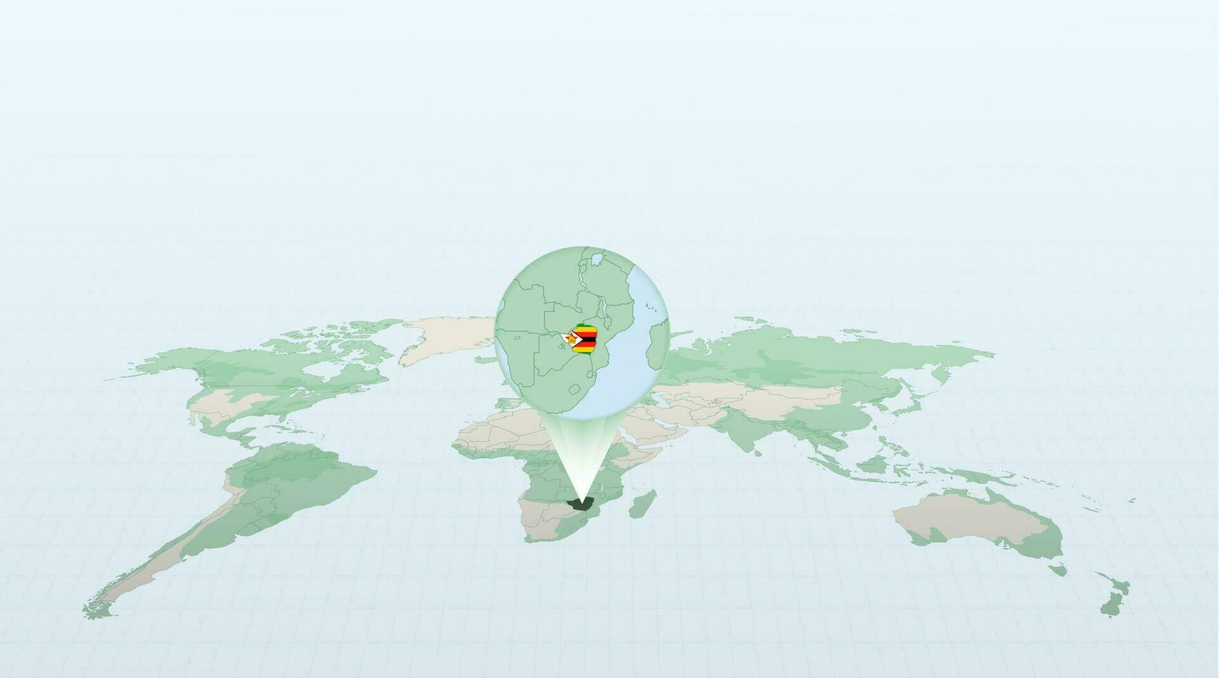 mundo mapa dentro perspectiva mostrando a localização do a país Zimbábue com detalhado mapa com bandeira do Zimbábue. vetor