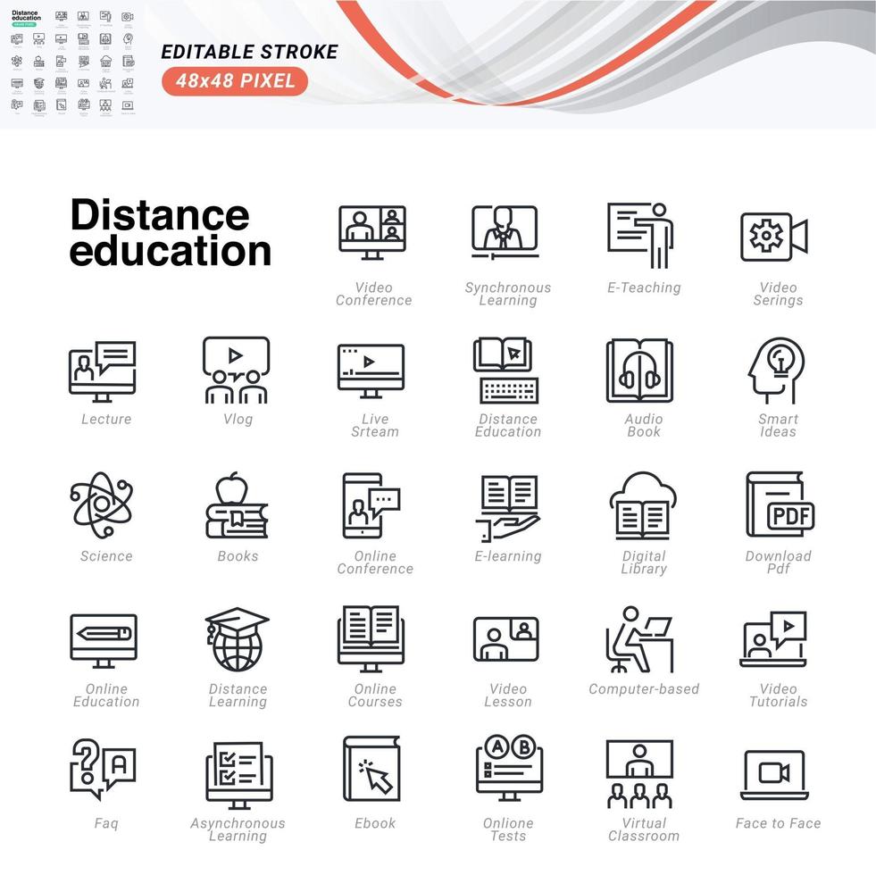 conjunto de ícones de linha fina de educação a distância. ícone de pixel perfeito vetor