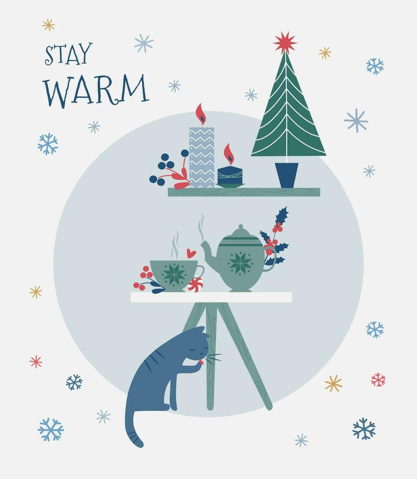 inverno cartão com uma copo e chaleira em a mesa, Natal árvore, gato. fique esquentar. vetor