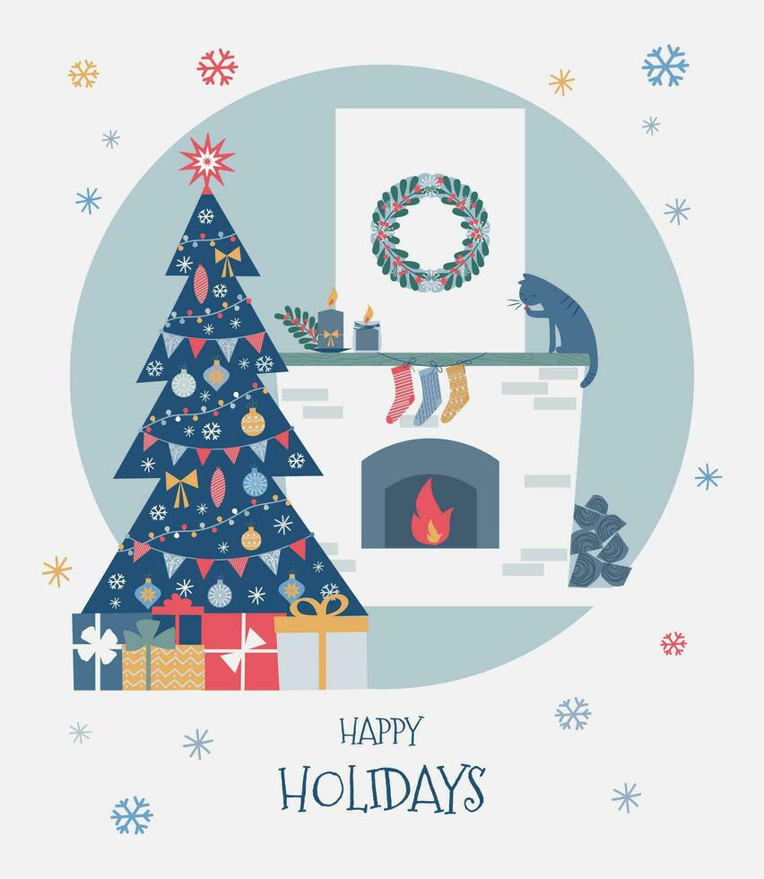 Natal interior com Natal árvore, presentes, lareira, gato. Projeto para cartão postal, poster, bandeira, cobrir vetor
