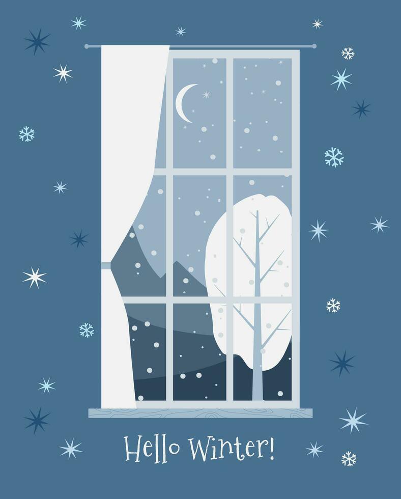 inverno cartão com uma Nevado panorama lado de fora a janela. vetor
