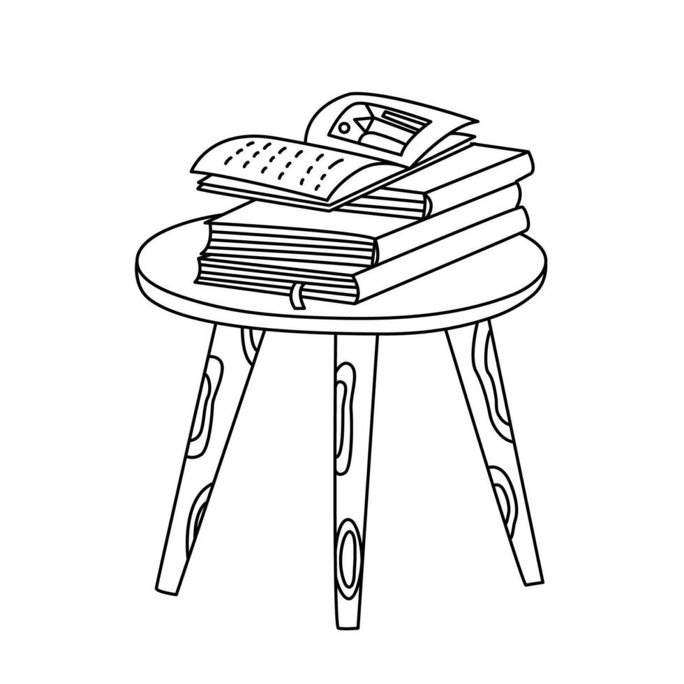 caffee mesa com livros. vetor rabisco mão desenhado ilustração Preto contorno.