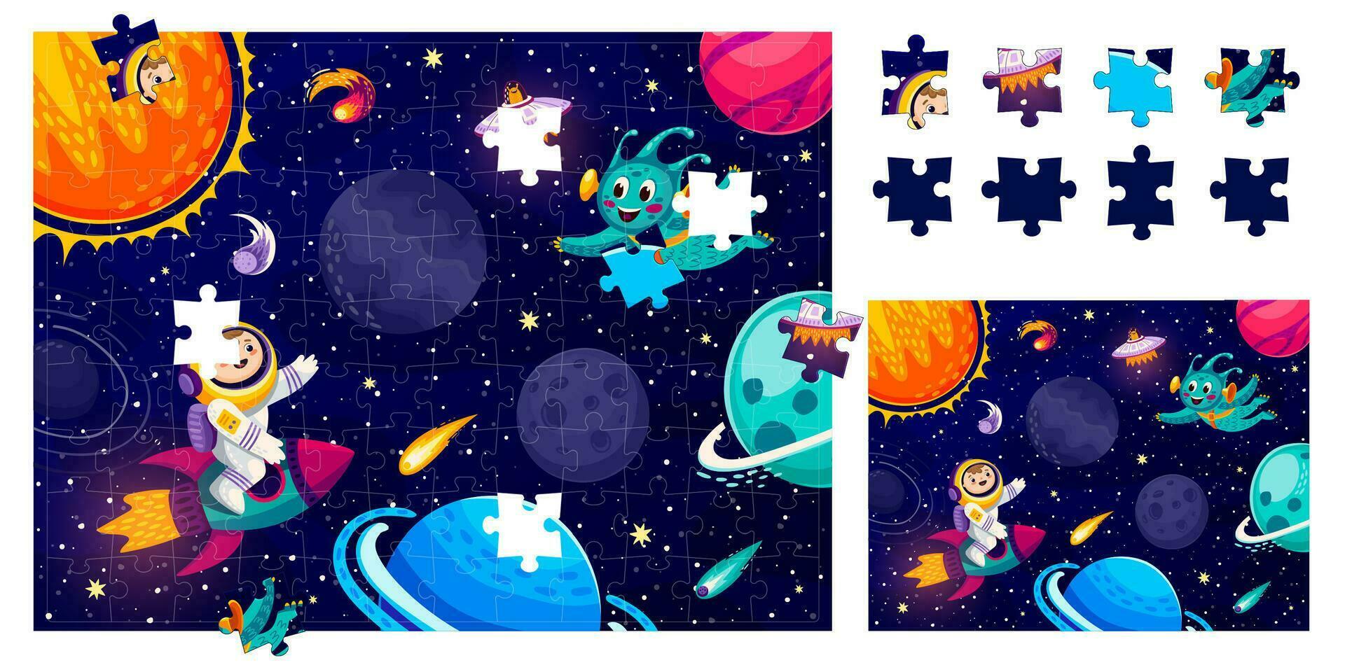 desenho animado estrangeiro, astronauta e espaço, quebra-cabeças enigma vetor