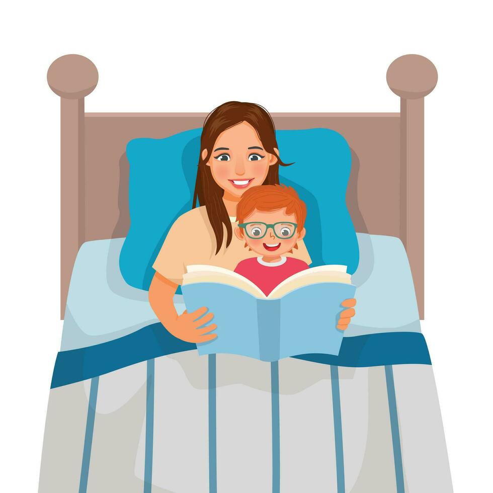 jovem mãe lendo hora de dormir história livro para dela filho dentro a cama vetor