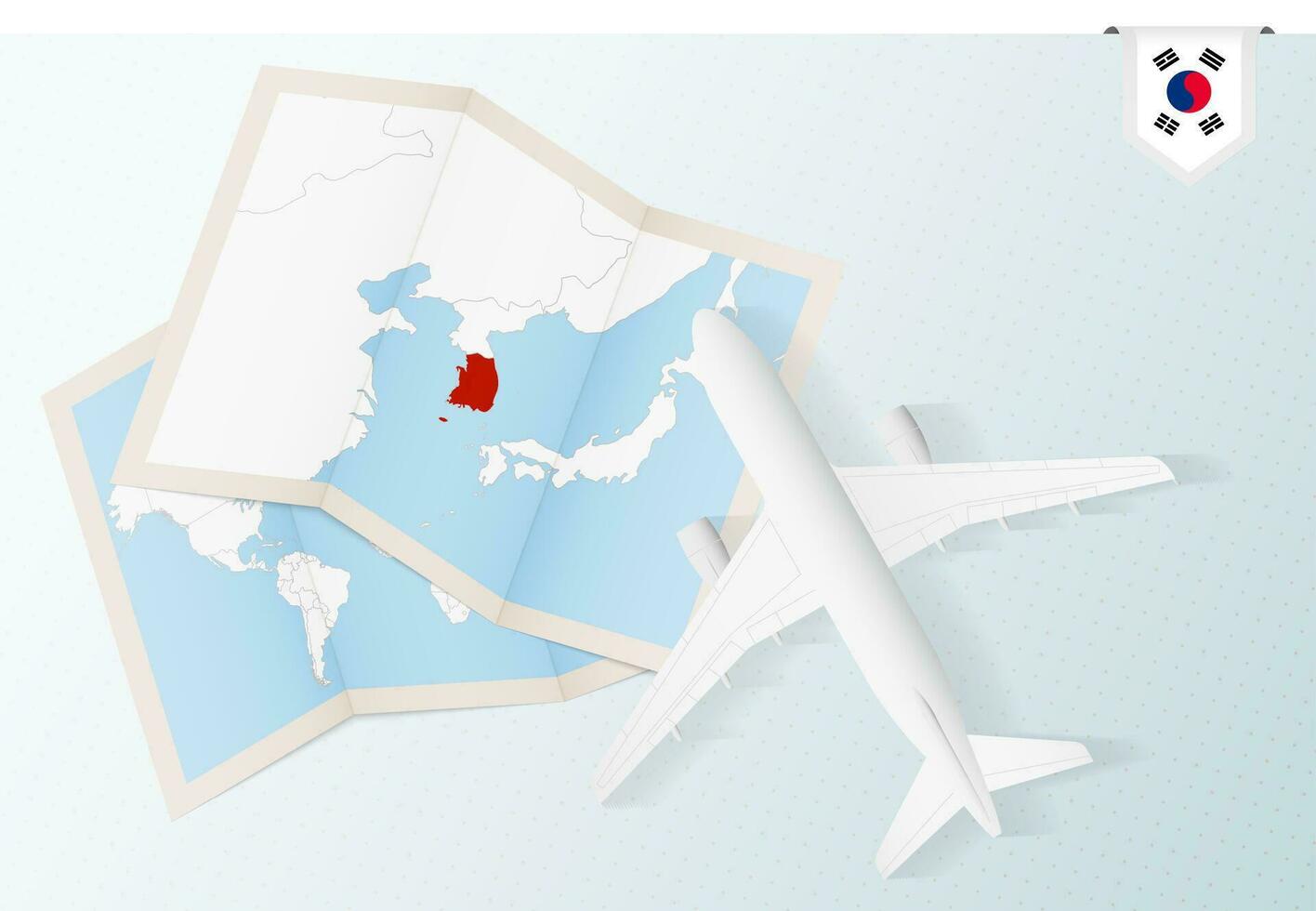 viagem para sul Coréia, topo Visão avião com mapa e bandeira do sul Coréia. vetor