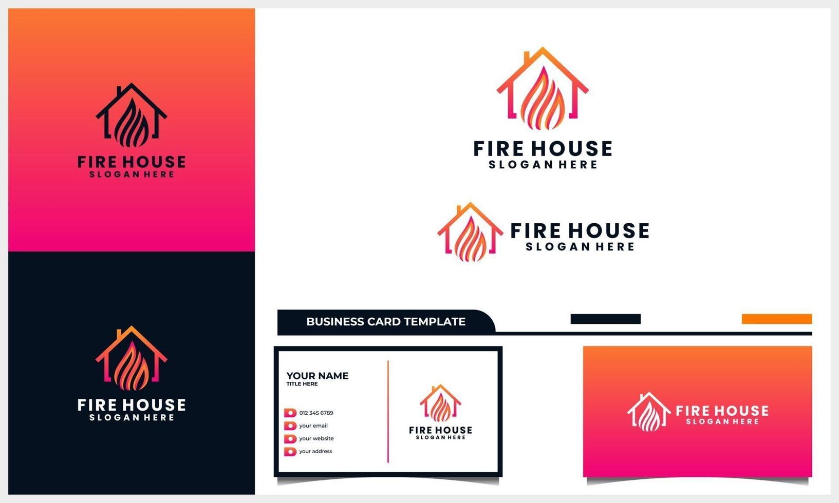 casa ou casa com conceito de logotipo de fogo leve e modelo de cartão de visita vetor