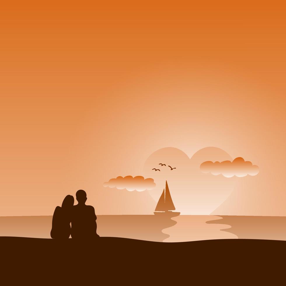 casal apaixonado assistindo o sol em forma de coração juntos em uma viagem na praia vetor
