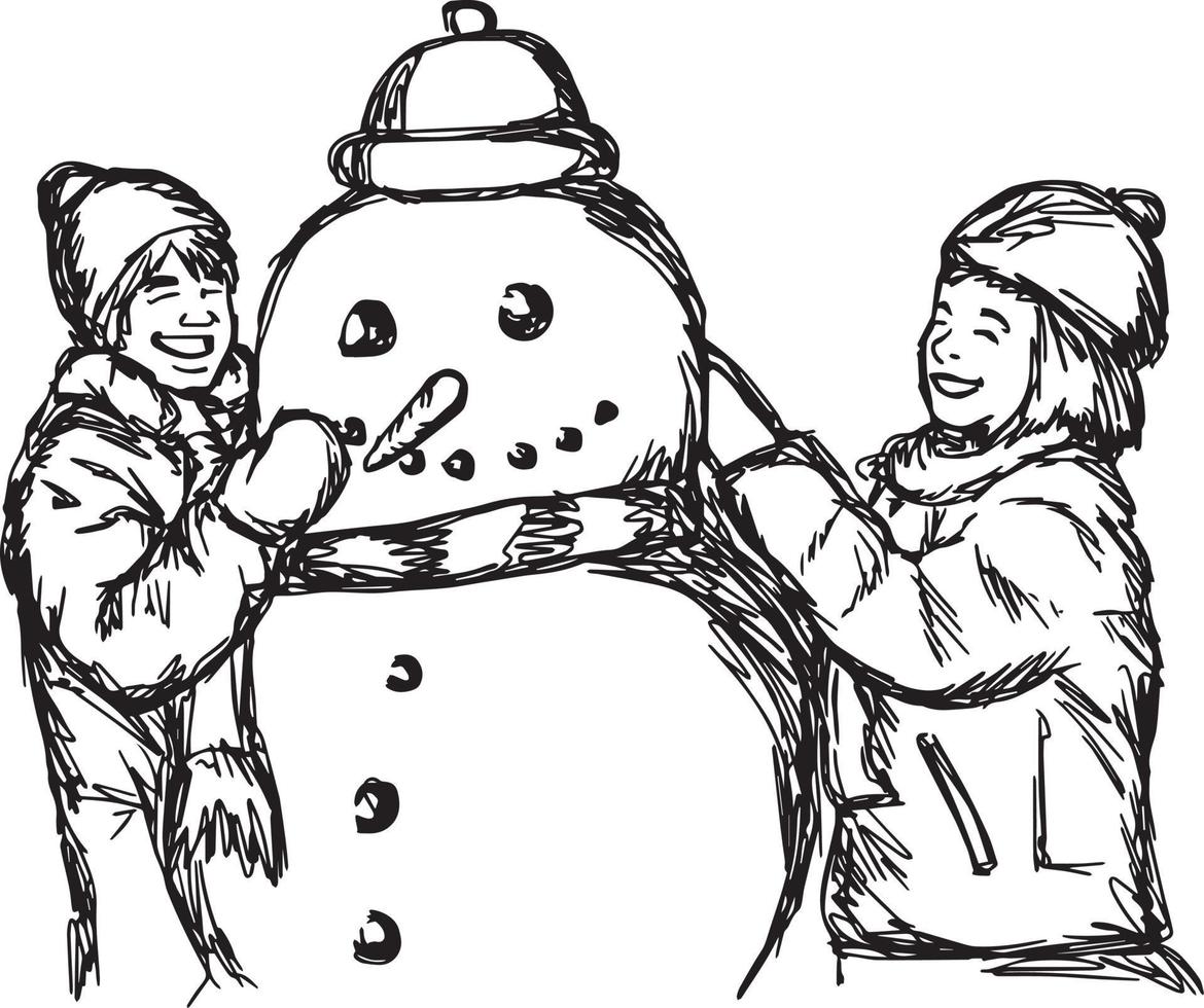 menino e menina sorrindo construindo um boneco de neve vetor