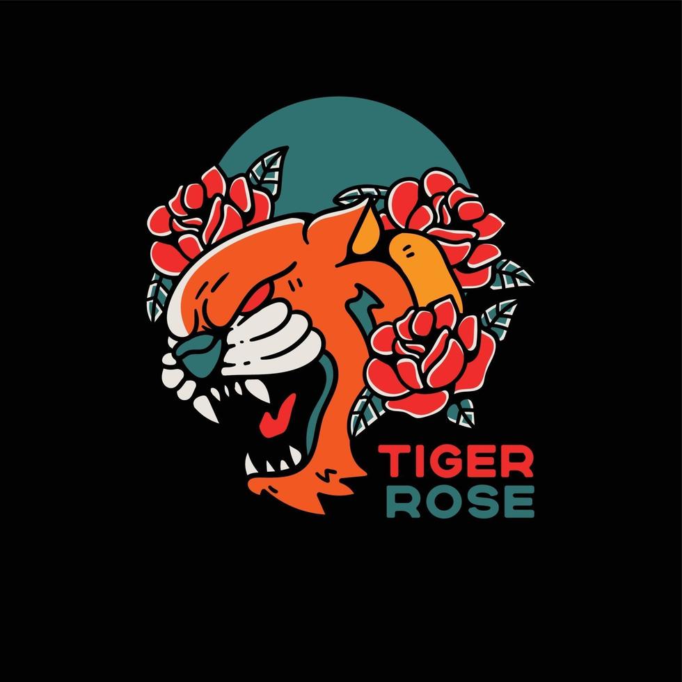 ilustração vintage estilo tatuagem de tigre e rosa vetor