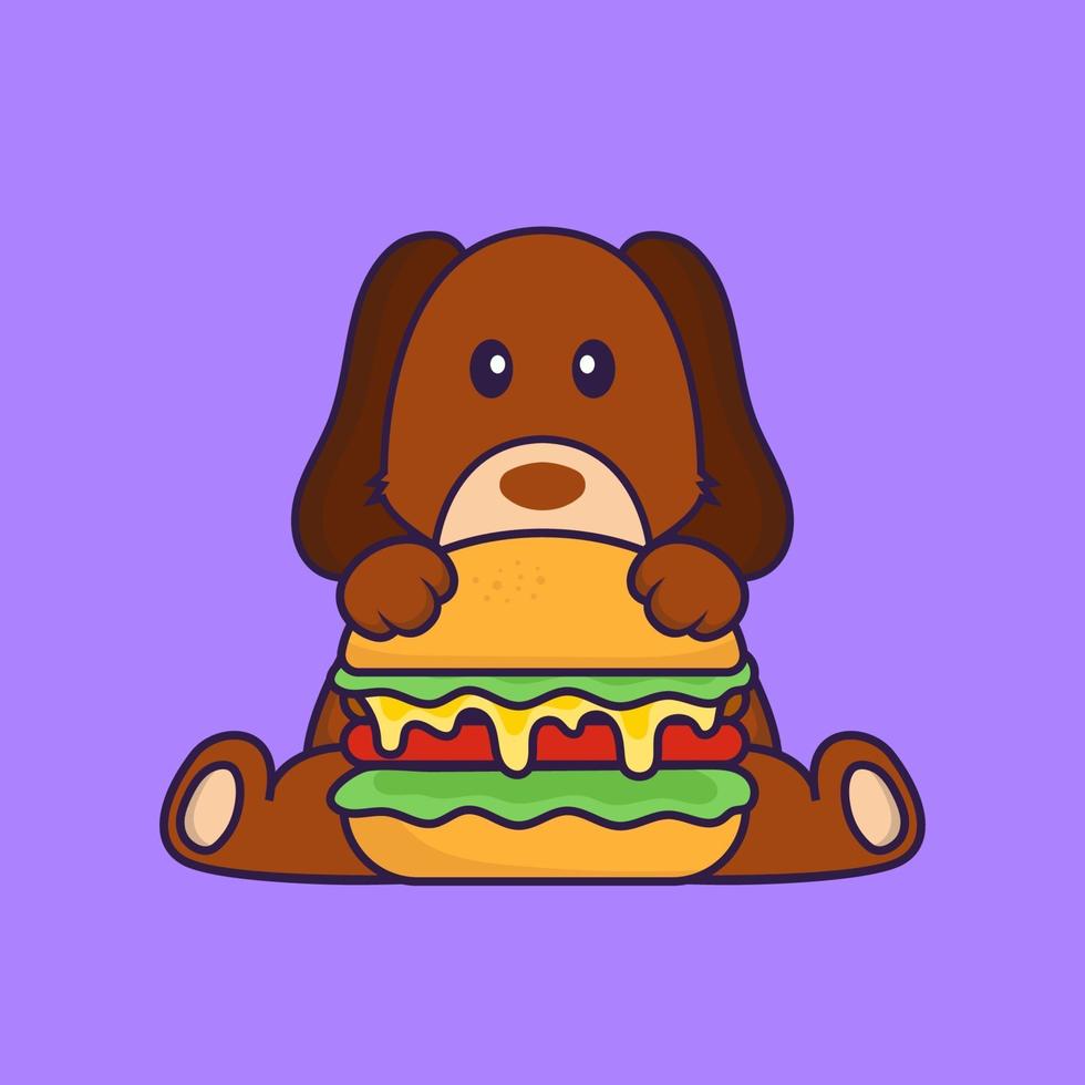 cachorro bonito comendo hambúrguer. vetor