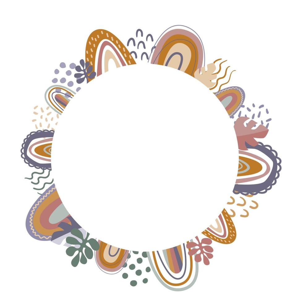 moldura de círculo com arco-íris, folhas e rabiscos. cartão estilo boho vetor