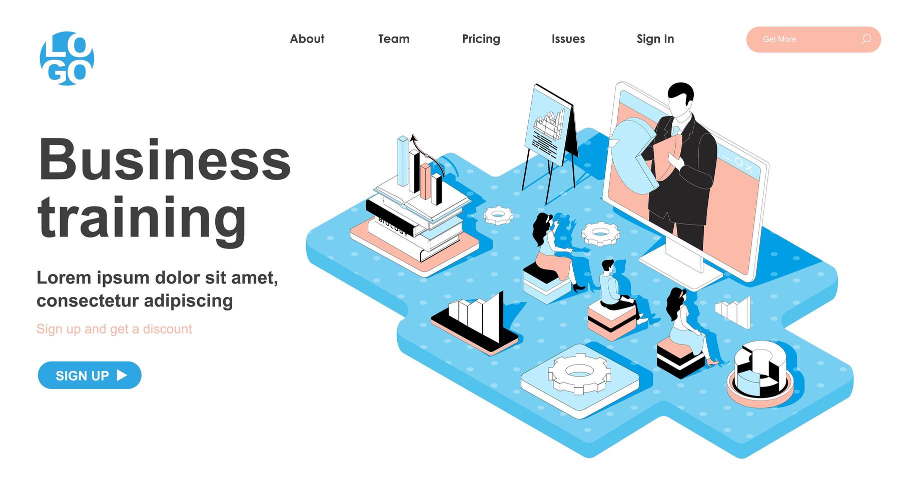 conceito isométrico de treinamento de negócios para página de destino vetor