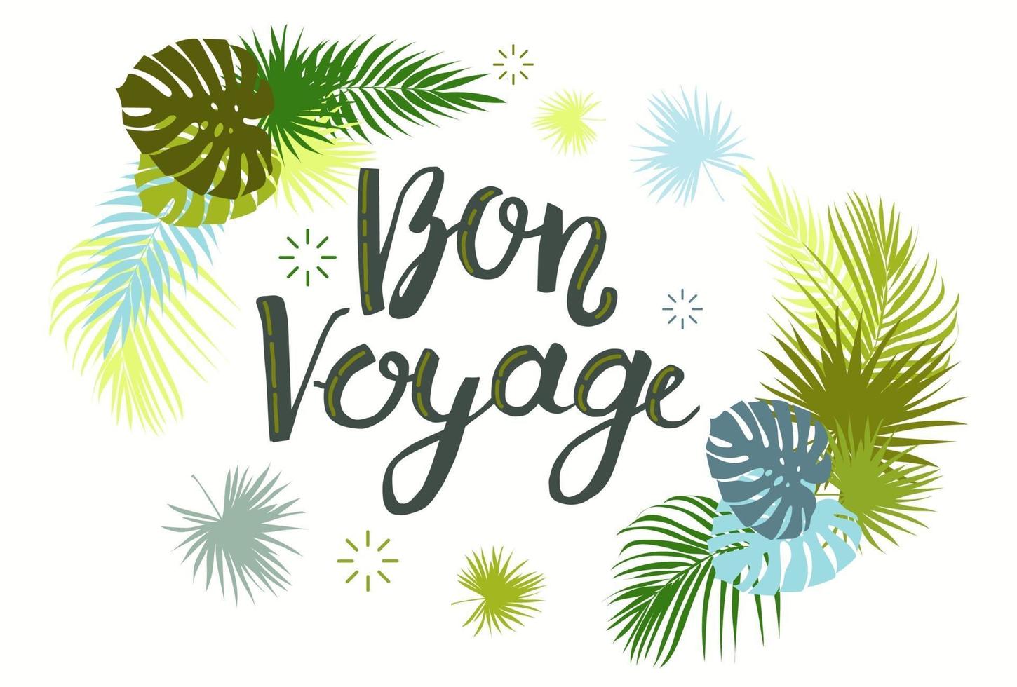 letras com texto bon voyage com folhas tropicais. tema de verão. vetor