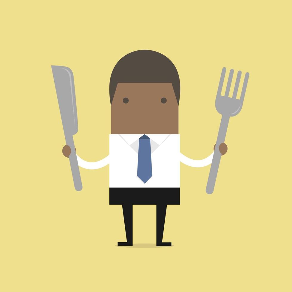 empresário africano com garfo e faca. vetor