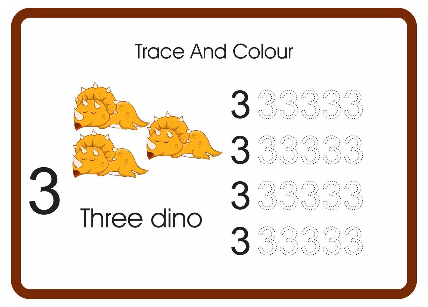 traço de contagem e cor laranja dinossauro número 3 vetor