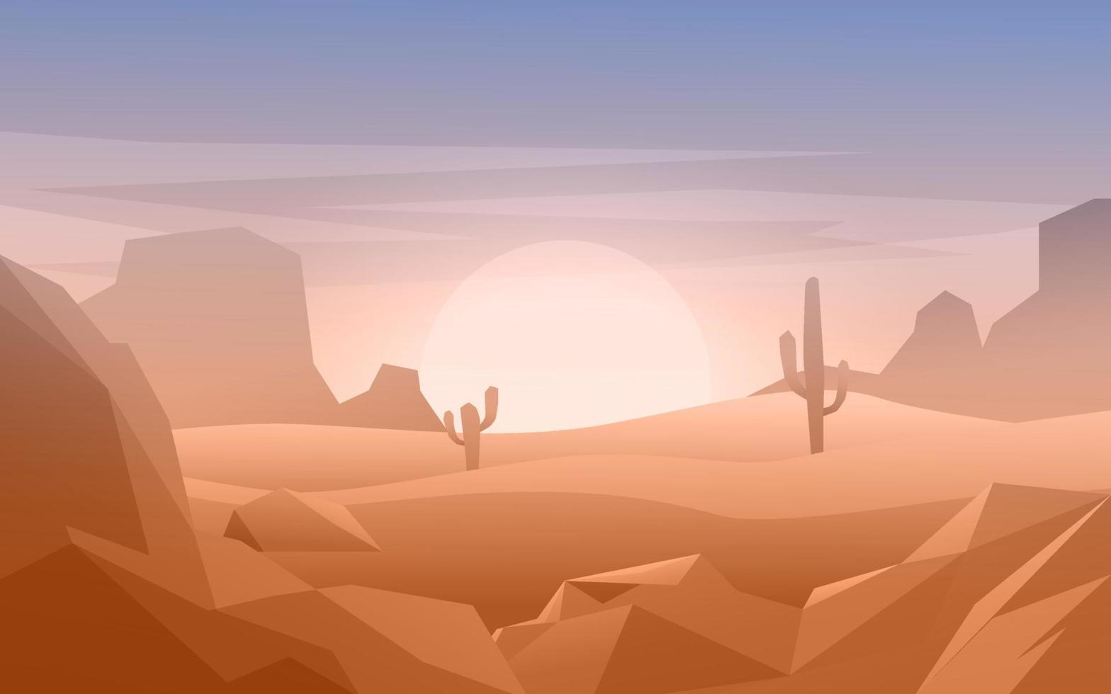 ilustração do pôr do sol no deserto com cactos e desfiladeiro vetor