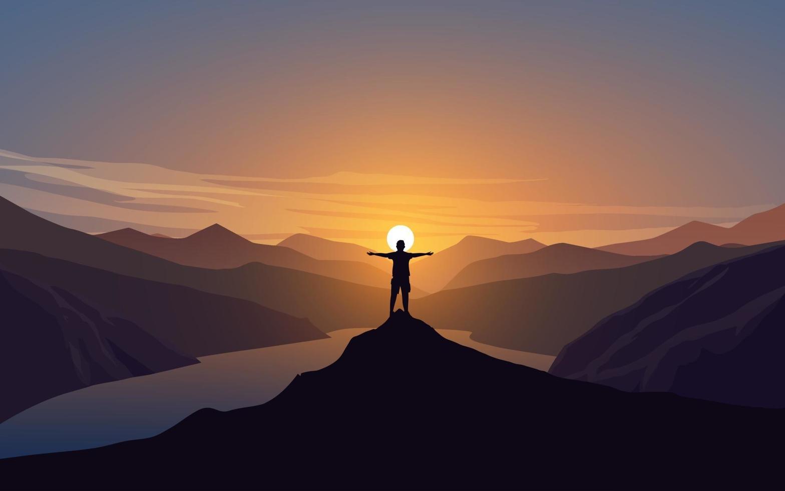 silhueta de homem em pé no topo da colina ao pôr do sol vetor