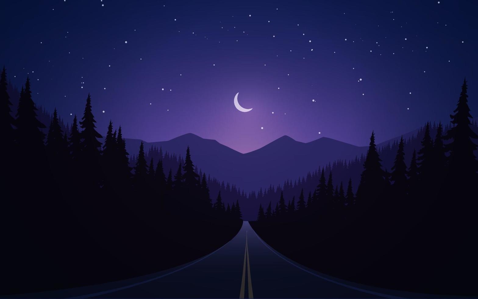 ilustração noturna com estrada vazia e floresta de pinheiros vetor
