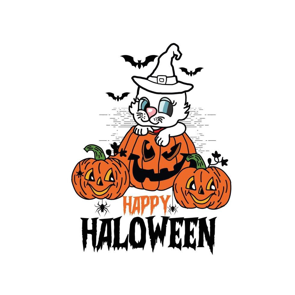 gato fofo na abóbora de halloween vetor