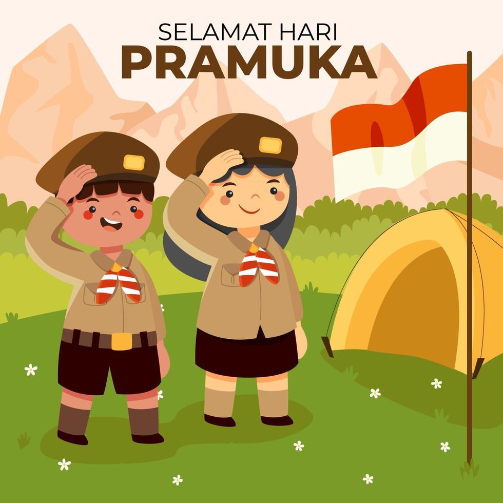 dia de pramuka com escuteiro saudando a bandeira da Indonésia vetor