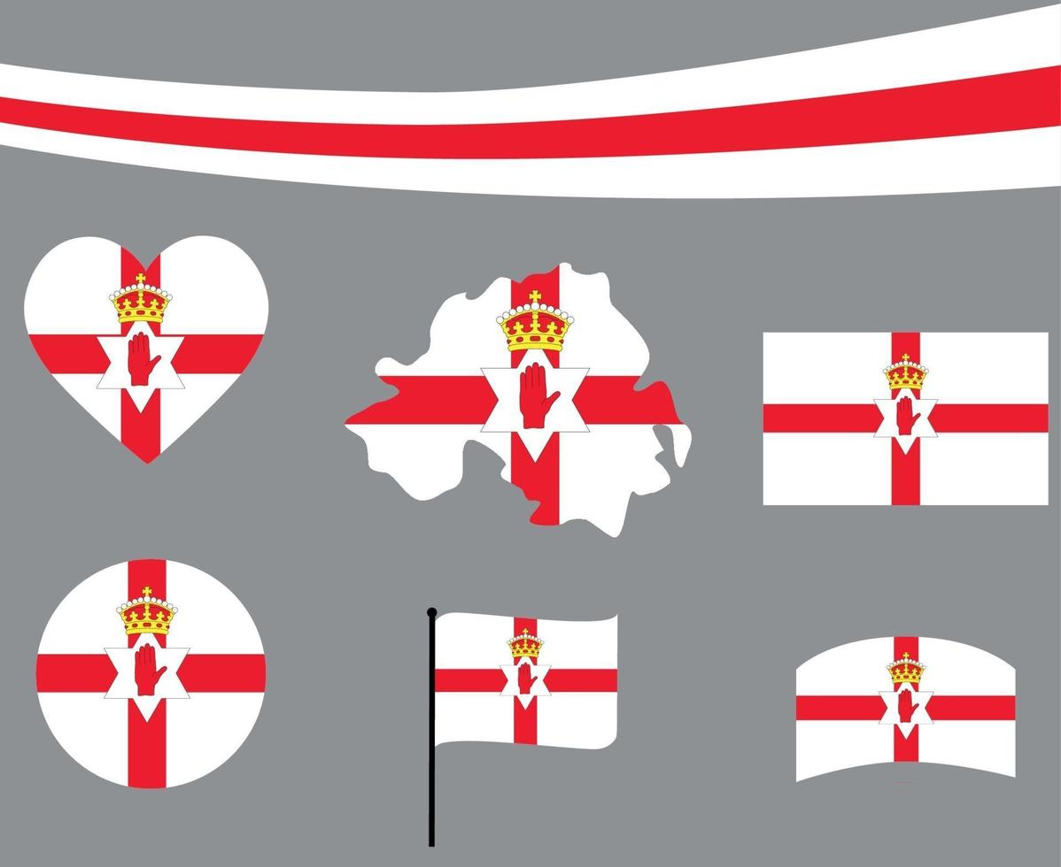 Bandeira da Irlanda do Norte mapa fita e ícones de coração vetor abstrato