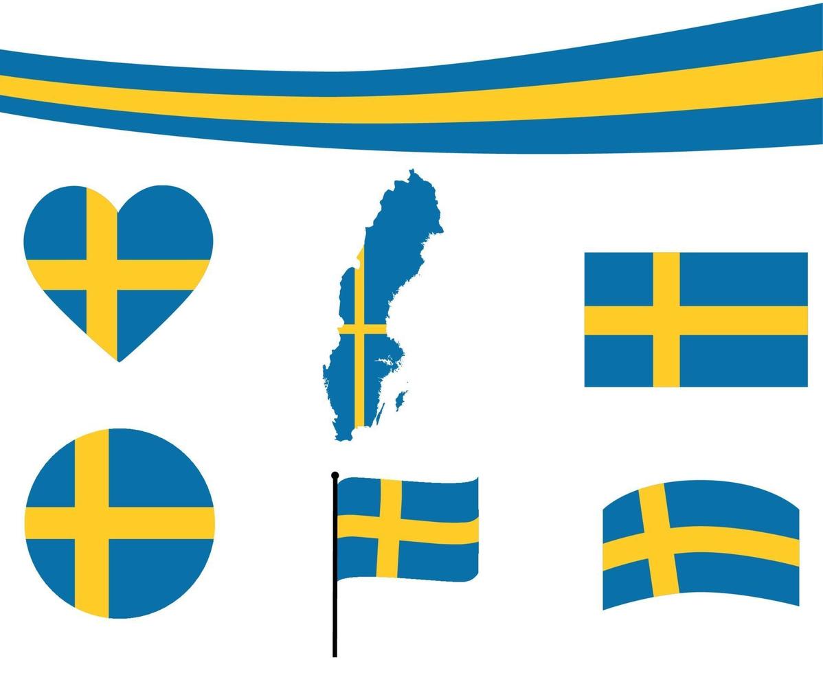 bandeira da Suécia mapa fita e ícones de coração ilustração vetorial resumo vetor